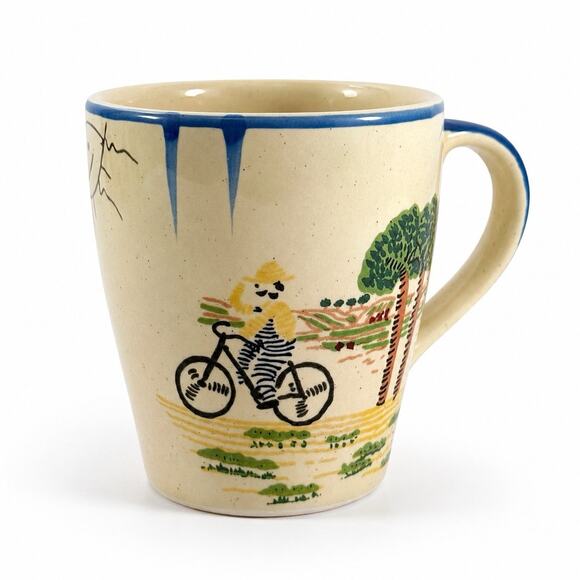 Kyuei Other - Vintage Kyuei Japan Stoneware Mug Girl on Bicycle Folk Art Coffee Cup 3.75”